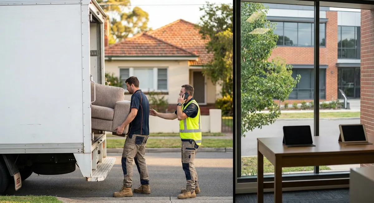 Australian removalists loading truck outside suburban home; mover on phone, AI admin tablets visible