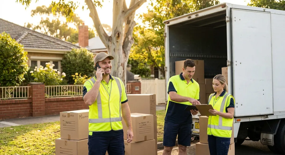 Australian removalists loading truck for property managers, mover on phone, colleague with tablet