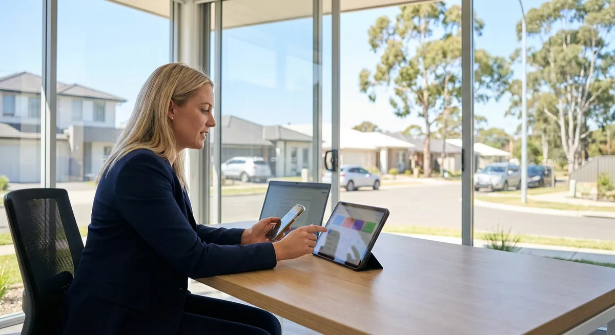 Australian real estate agent with smartphone & tablet showing blurred leads dashboard, laptop