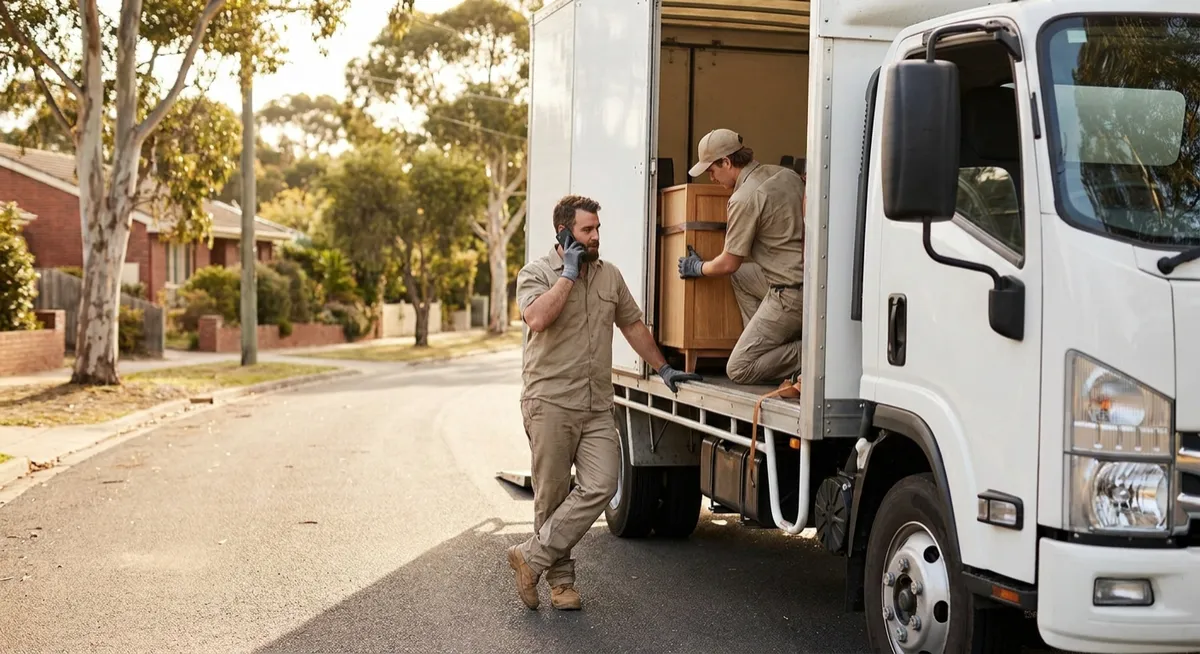 Australian removalists loading truck on sunny street; mover on phone, property manager watching