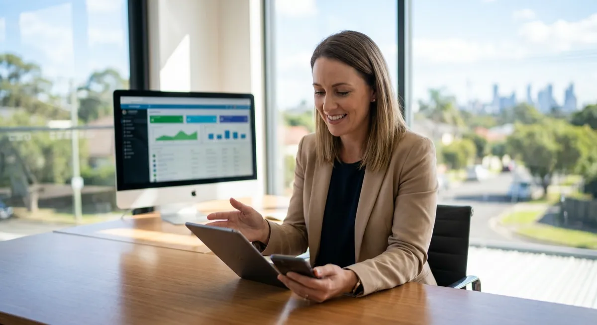 Australian real estate agent using tablet and phone in office; blurred lead-management monitor