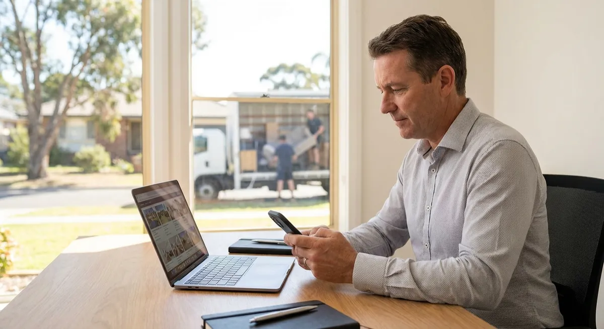 Australian real estate agent on phone and laptop for AI support; removalists load truck outside
