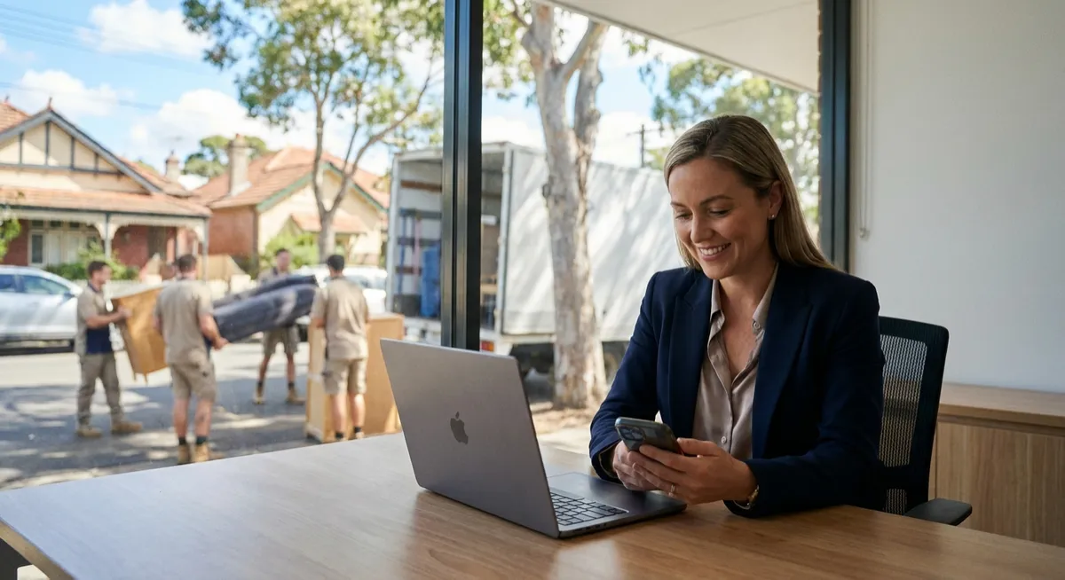 Australian real estate agent in office on phone and laptop; removalists loading truck outside