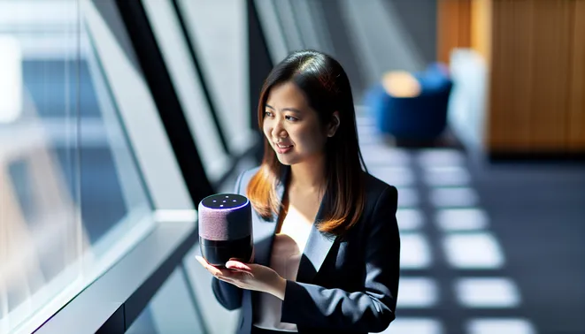 Real estate agent in Melbourne using AI voice assistant in sleek office setting