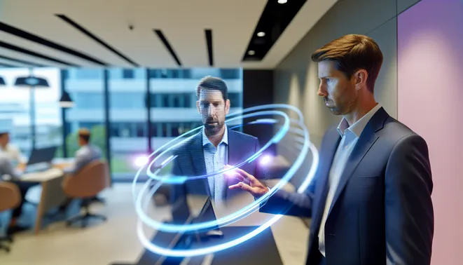 Real estate agent using holographic AI in a sleek Melbourne office for customer engagement.