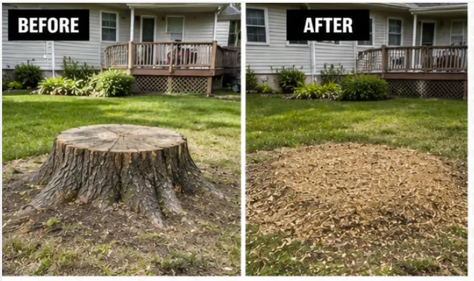 Large tree stump before and after professional stump removal in a residential yard