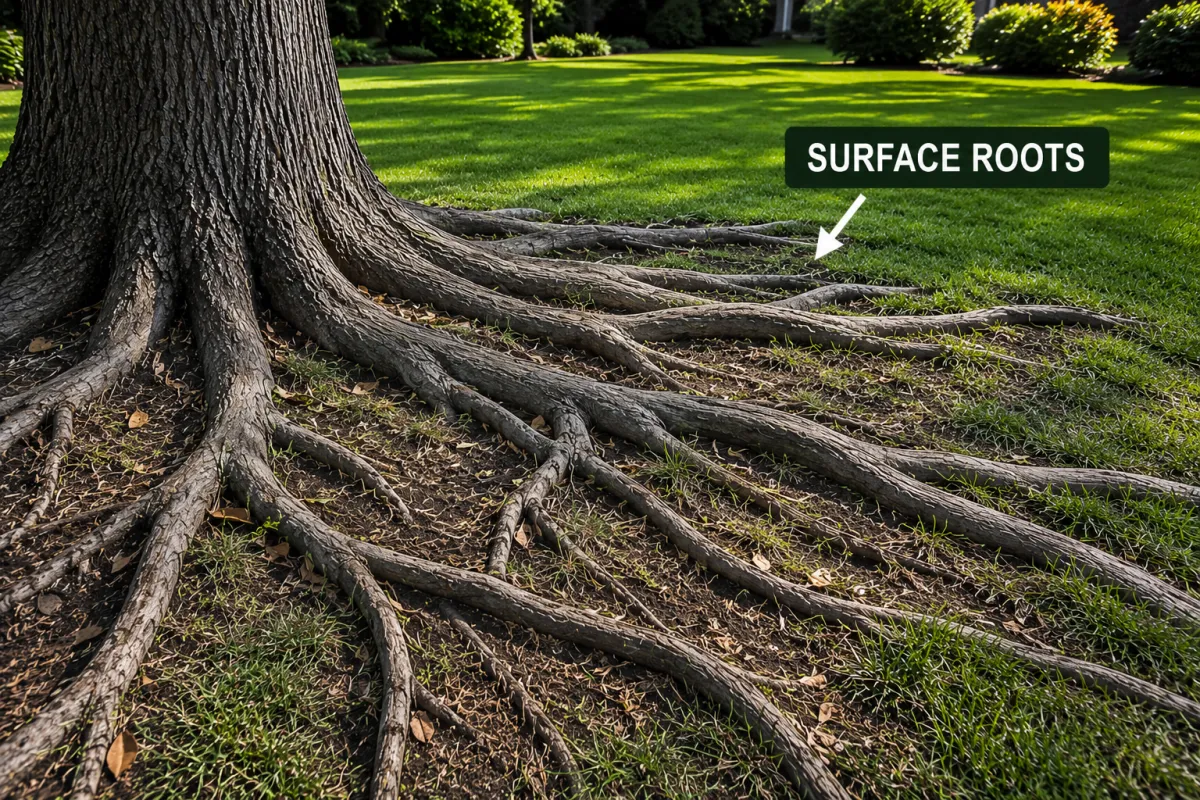 Large exposed surface tree roots extending across a residential lawn that can be professionally ground and removed.