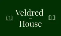 Veldred House logo, the two words sit stacked with a dash separating the two words with a bookgraphic flanking the name