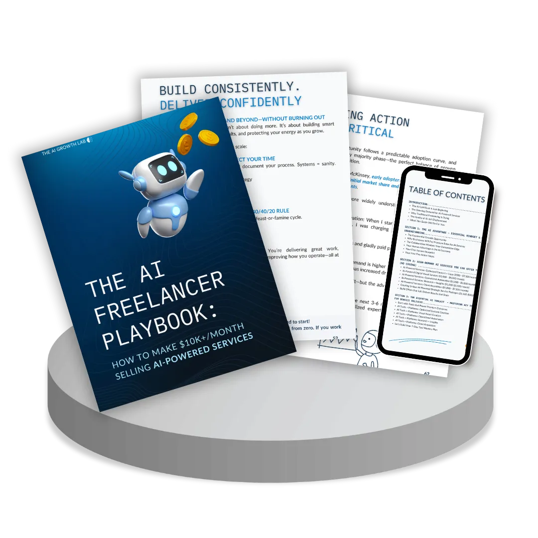 An image of The AI Freelancer Playbook showing pages from the book