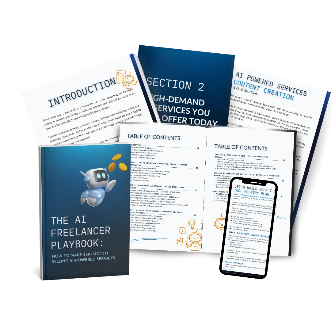 An image of The AI Freelancer Playbook showing pages from the book