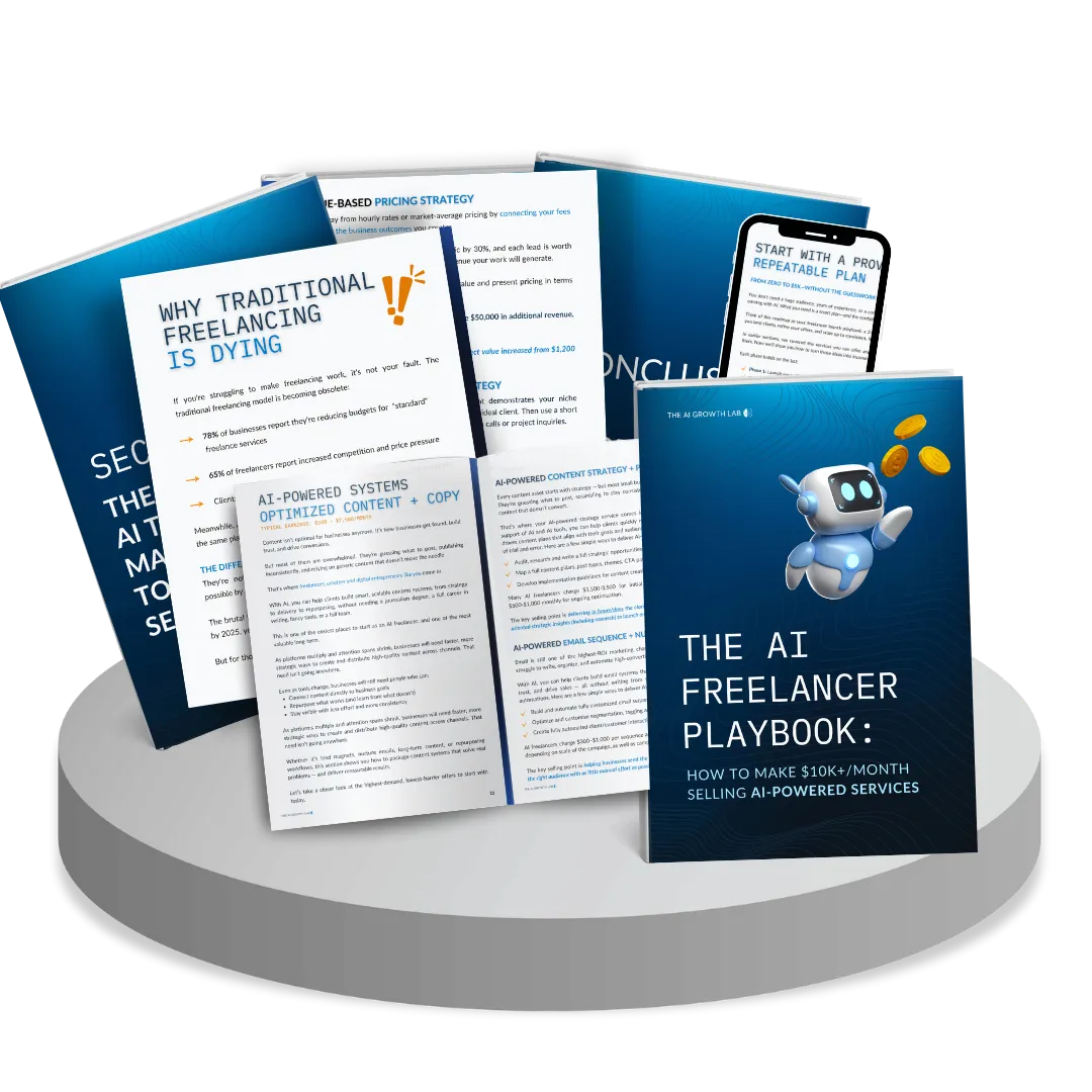 An image showing the title page and several other pages of The AI Freelancer Playbook: How to Make $10K+/Month Selling AI-Powered Services
