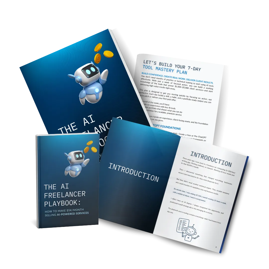 An image of The AI Freelancer Playbook showing pages from the book
