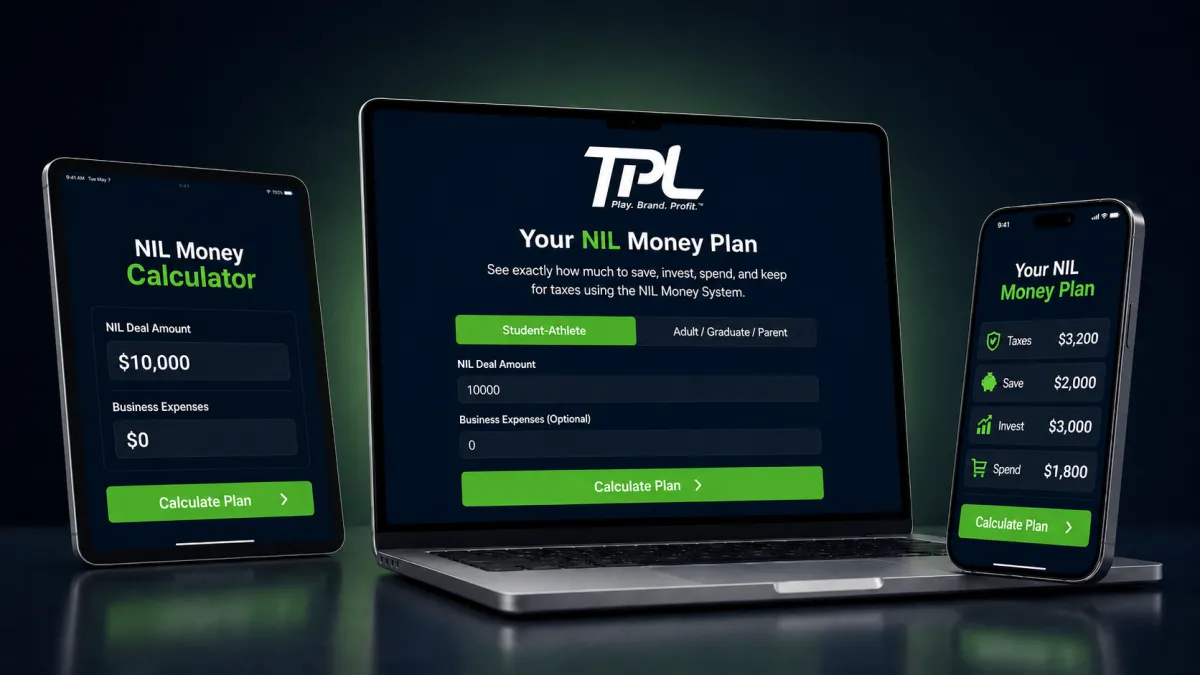 NIL Money Plan calculator shown on laptop, tablet, and phone displaying taxes, savings, investing, and spending breakdown