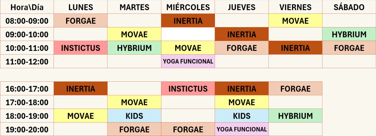 tabla con horario de clases del centro