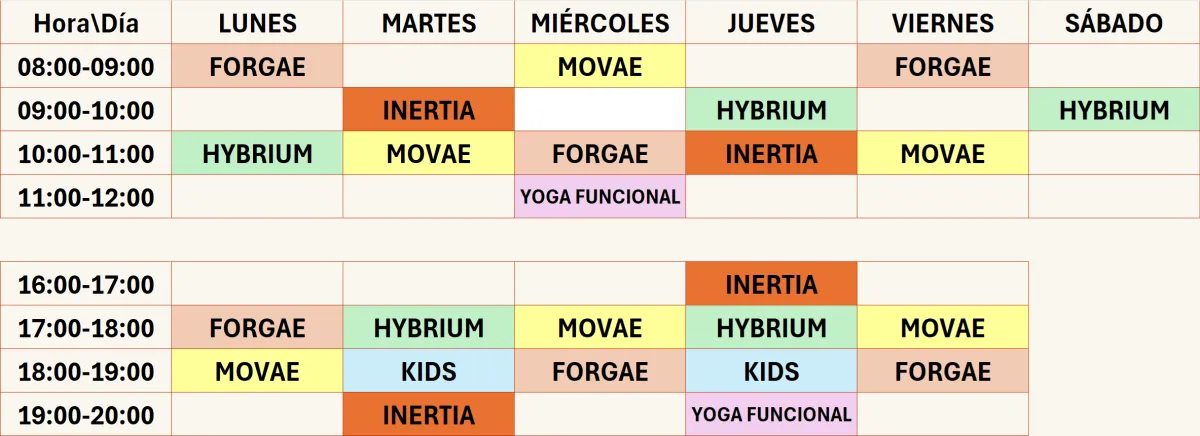 tabla con horario de clases del centro