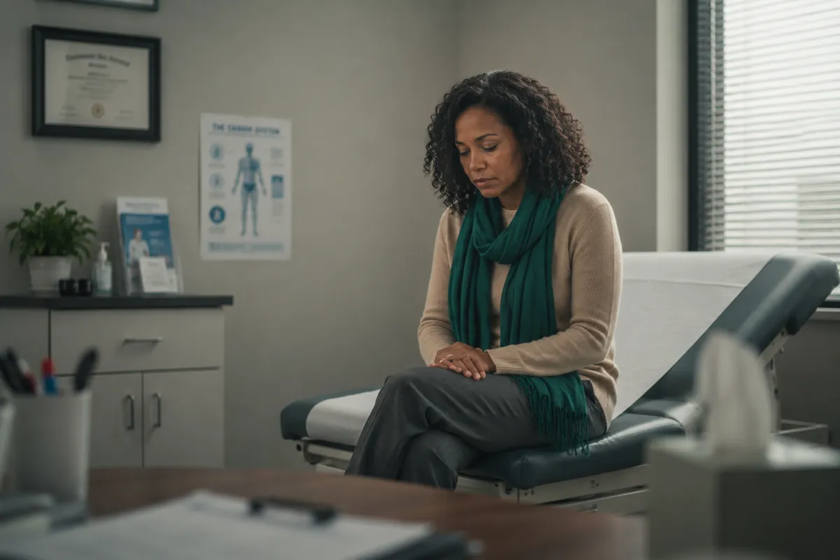Woman sitting in doctor office feeling dismissed
