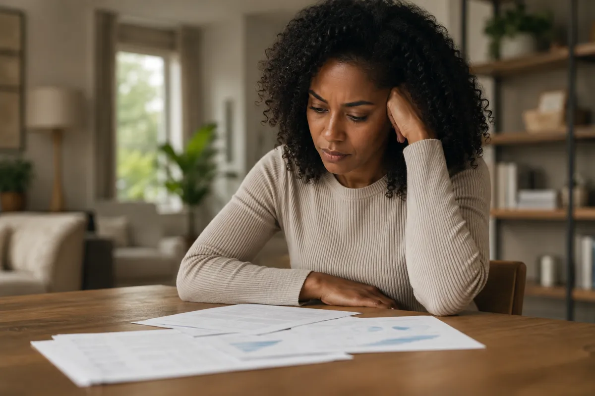 Woman looking at lab results with confusion and doubt