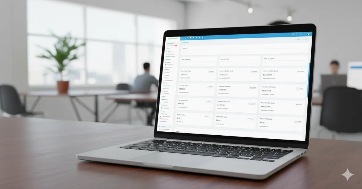 Modern illustration of an audiologist using a cloud-based dashboard on a tablet, surrounded by stylized icons for scheduling, billing, and patient communication. The background is a soft gradient with abstract shapes, evoking efficiency and clarity. 3:2 aspect ratio, digital drawing style.