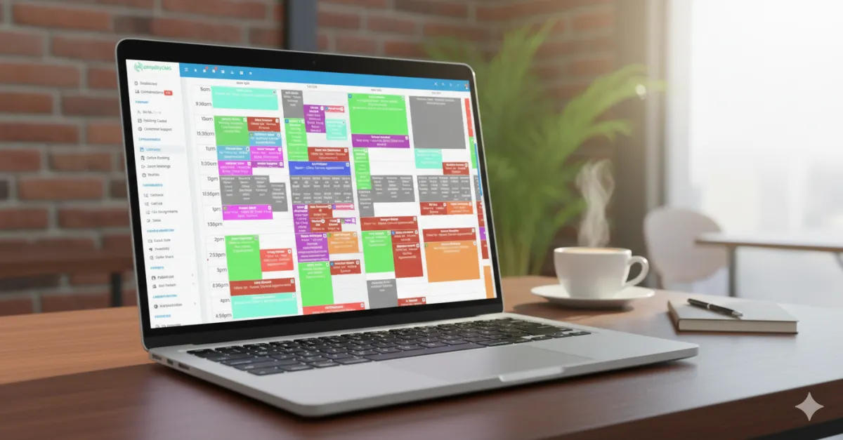 Illustration of a digital calendar interface with highlighted appointment slots, notifications, and a stylized clock overlay. The scene includes a diverse audiology staff member reviewing the schedule on a large monitor. 3:2 aspect ratio.