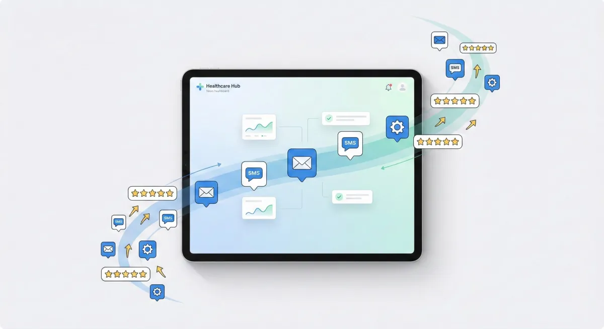 Hand-drawn style illustration of a workflow diagram connecting patient intake, scheduling, billing, and follow-up. A small team collaborates around a large touchscreen, with clear, simple icons. 3:2 aspect ratio.