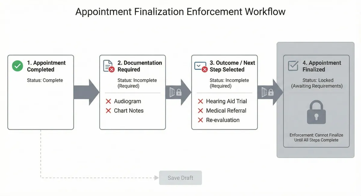 Illustration of a digital calendar interface with highlighted appointment slots, notifications, and a stylized clock overlay. The scene includes a diverse audiology staff member reviewing the schedule on a large monitor. 3:2 aspect ratio.