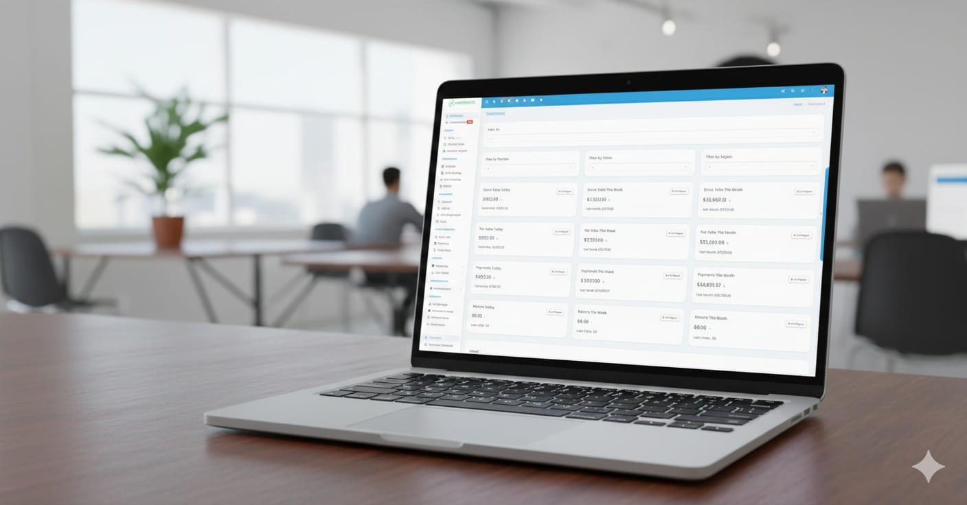 amplifyOMS dashboard on a laptop computer in an office
