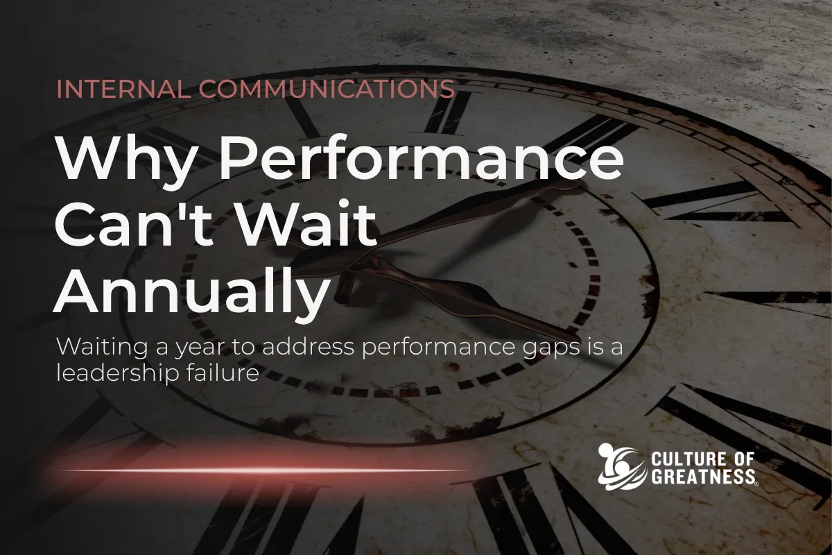 Annual performance reviews don't fail because leaders lack good intentions — they fail because a once-a-year conversation cannot build the performance an organization needs to compete. When feedback is delayed by months, issues compound, employees disengage, and the review itself becomes a high-stakes event that produces anxiety rather than development. Leaders who rely on annual reviews are evaluating performance after the fact rather than building it in real time. This post examines why the annual review model breaks down, what continuous performance management looks like in practice, and how weekly leadership accountability conversations change outcomes at every level of the organization.