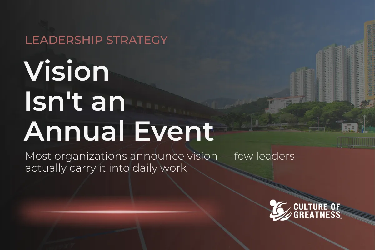 Announcing a vision once a year and expecting it to drive behavior is one of the most common leadership miscalculations in growing organizations. Vision doesn't function because it was declared — it functions because leaders carry it into daily conversations, team meetings, and individual check-ins consistently over time. When that carrying stops, vision retreats to a slide deck and teams drift back to task execution without purpose or direction. This post examines why vision alignment requires daily leadership behavior, what it looks like at the team level, and what organizations lose when vision stays at the top.