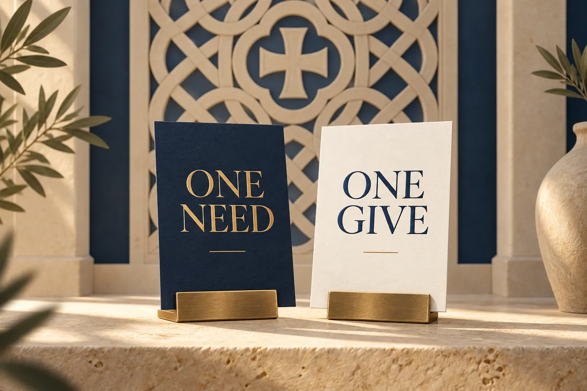 One Need and One Give cards with Coptic-inspired interlace — CBN Business Exchange artwork