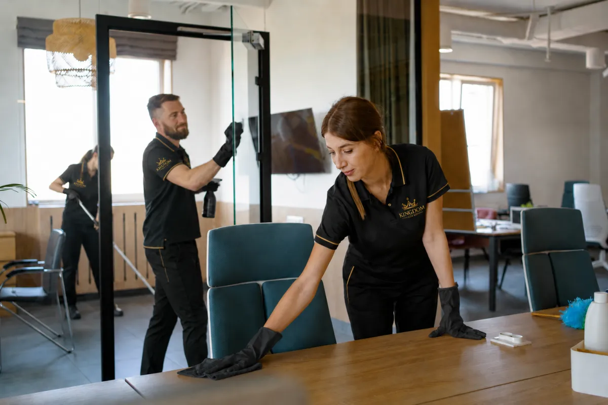 Professional janitorial team cleaning a commercial office building in Metro Atlanta