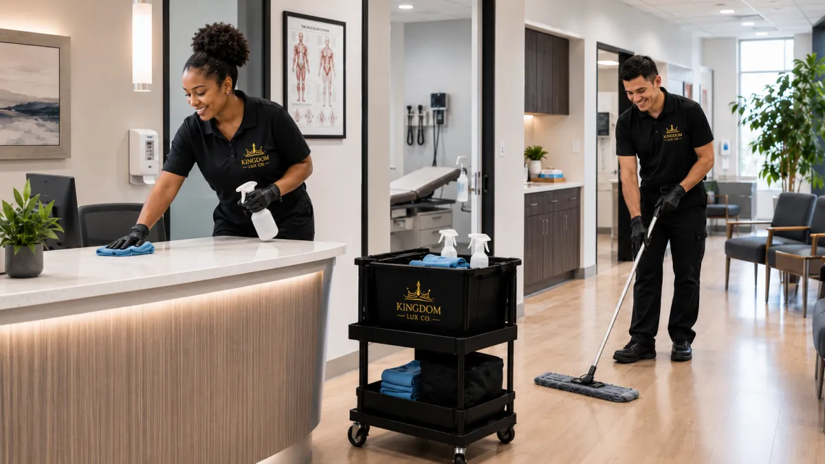 Medical office cleaning professionals sanitizing healthcare facility in Metro Atlanta