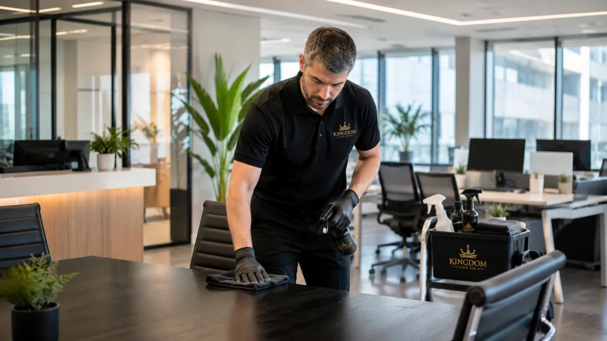 Commercial cleaner sanitizing office workspace in Metro Atlanta