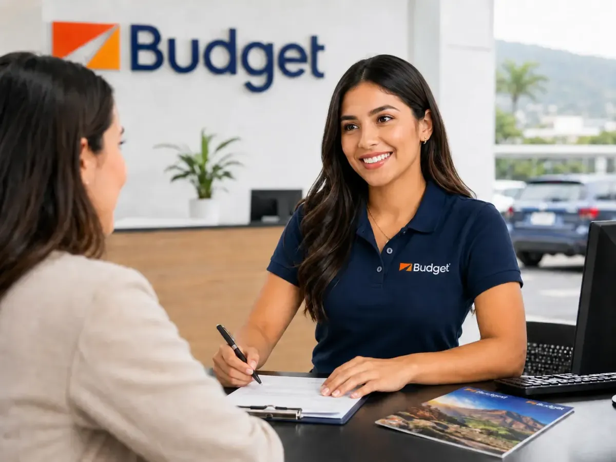Asesora de Budget Ecuador atendiendo a una cliente en oficina de alquiler de vehículos, brindando asesoría personalizada y servicio confiable.