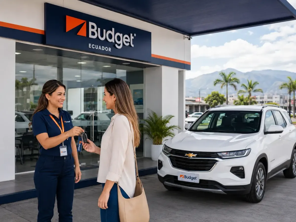 Asesora de Budget Ecuador entregando las llaves de un vehículo a una cliente frente a una agencia de alquiler de autos, con camioneta Chevrolet blanca y placa Budget.