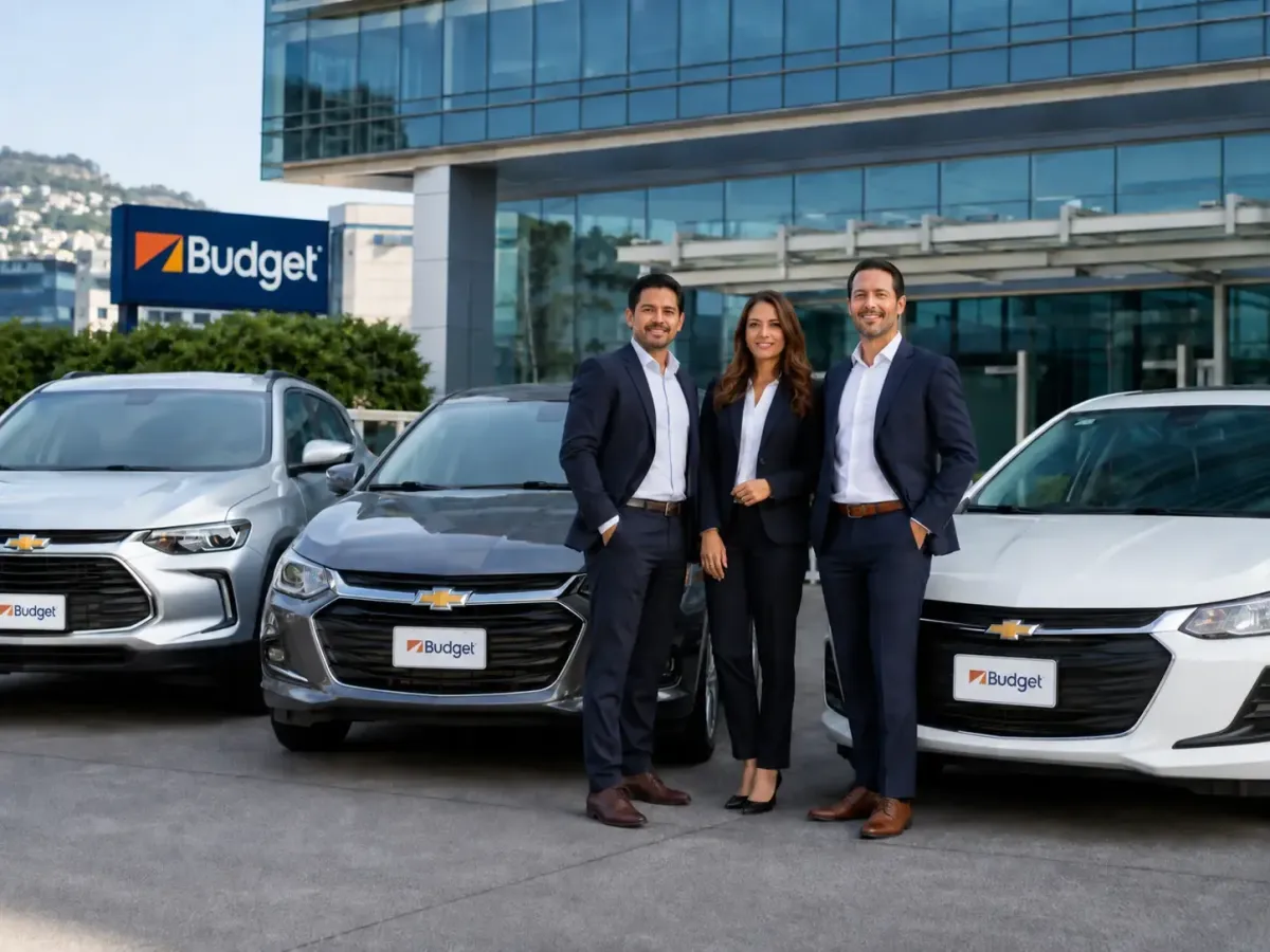 Equipo corporativo junto a vehículos Chevrolet de Budget Ecuador, ideal para soluciones de alquiler de autos para empresas y movilidad ejecutiva.