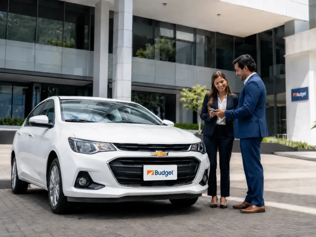 Ejecutivos revisando opciones de renting de vehículos Budget Ecuador frente a un auto Chevrolet blanco con placa Budget.