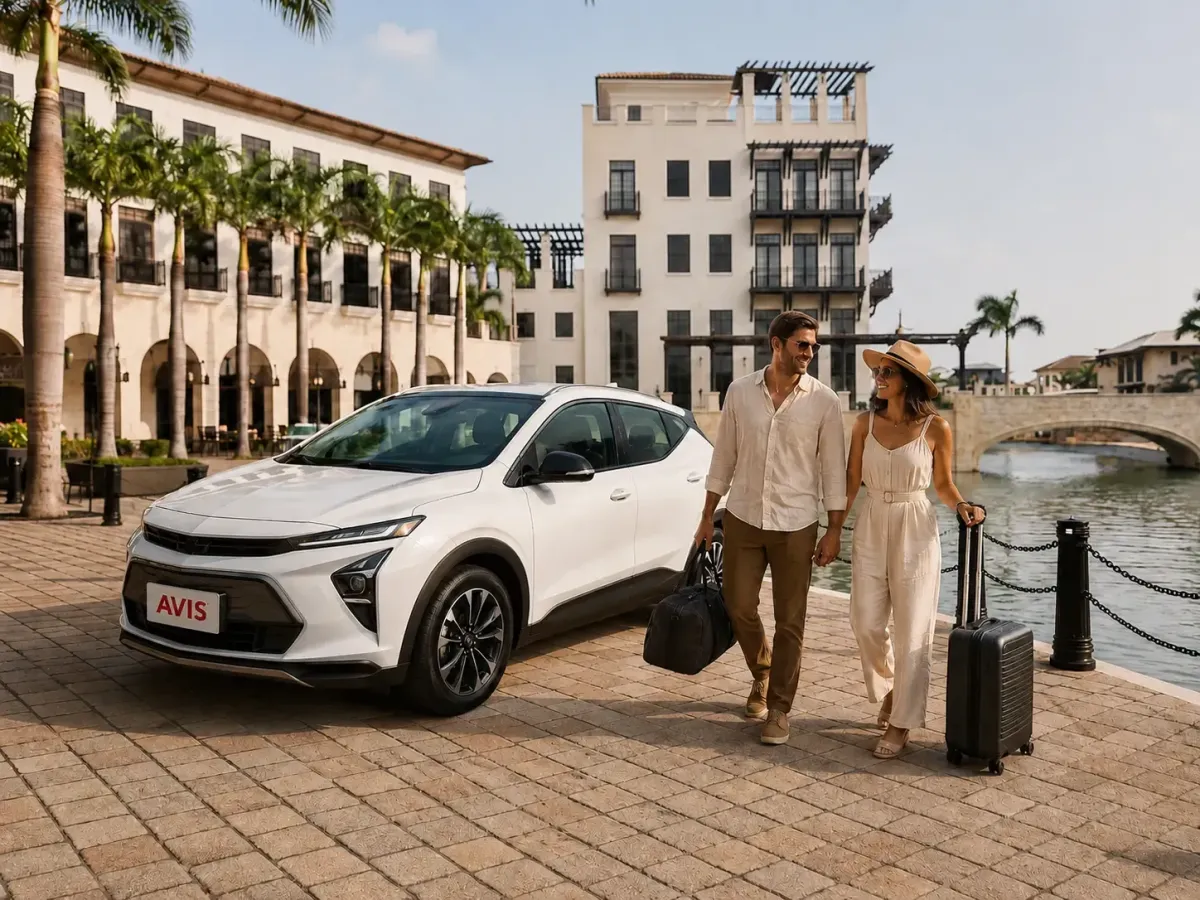 Alquiler de autos AVIS Ecuador para turismo en Guayaquil con Chevrolet SUV rojo, pareja de viajeros y maletas junto al malecón.
