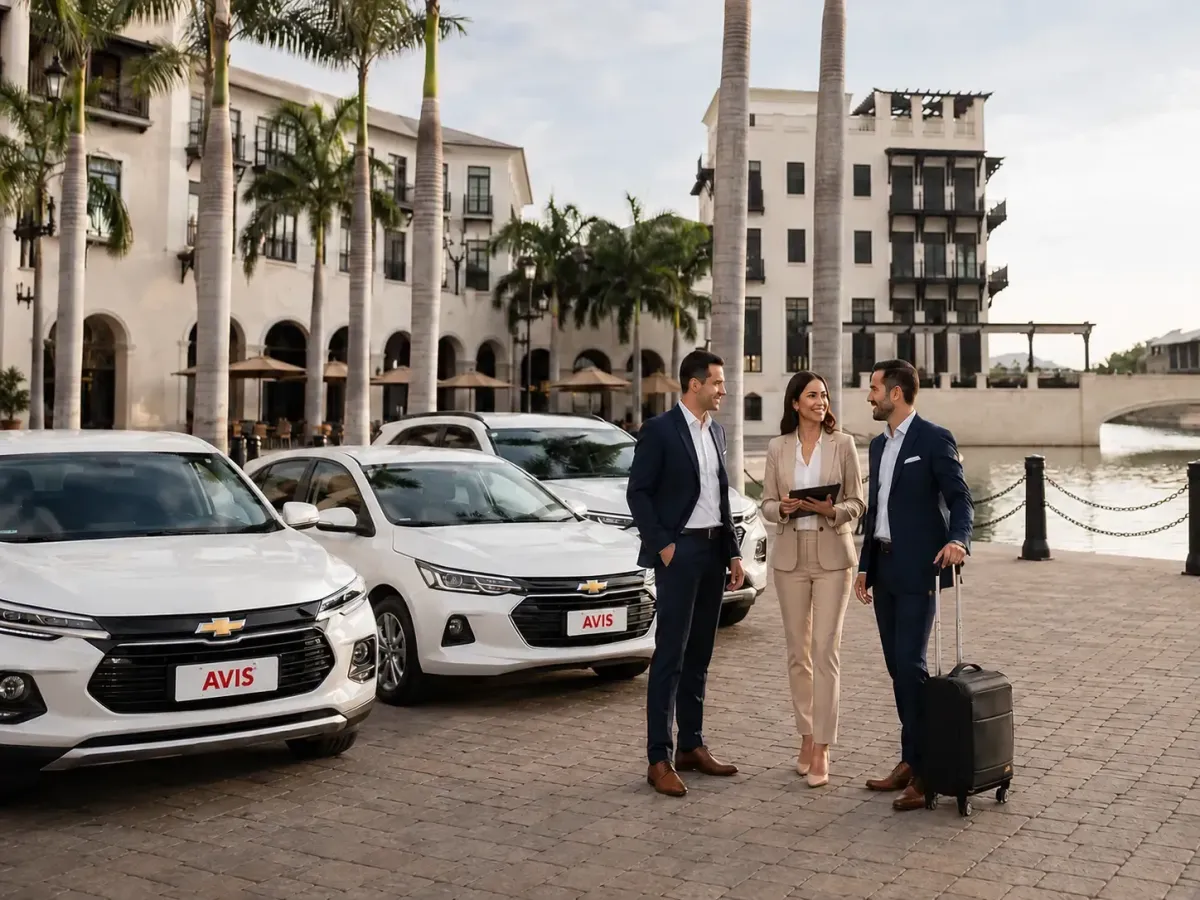 Renta de auto corporativo AVIS Ecuador en Guayaquil con Chevrolet sedán blanco, ejecutivos y servicio de movilidad empresarial.