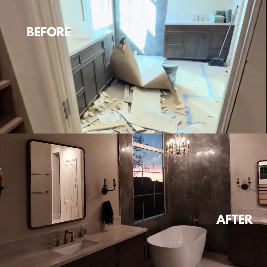 Construction dust and debris before professional post-construction cleaning by Clean Buddies in Phoenix After photo: Clean finished bathroom after professional post-construction cleaning by Clean Buddies in Phoenix