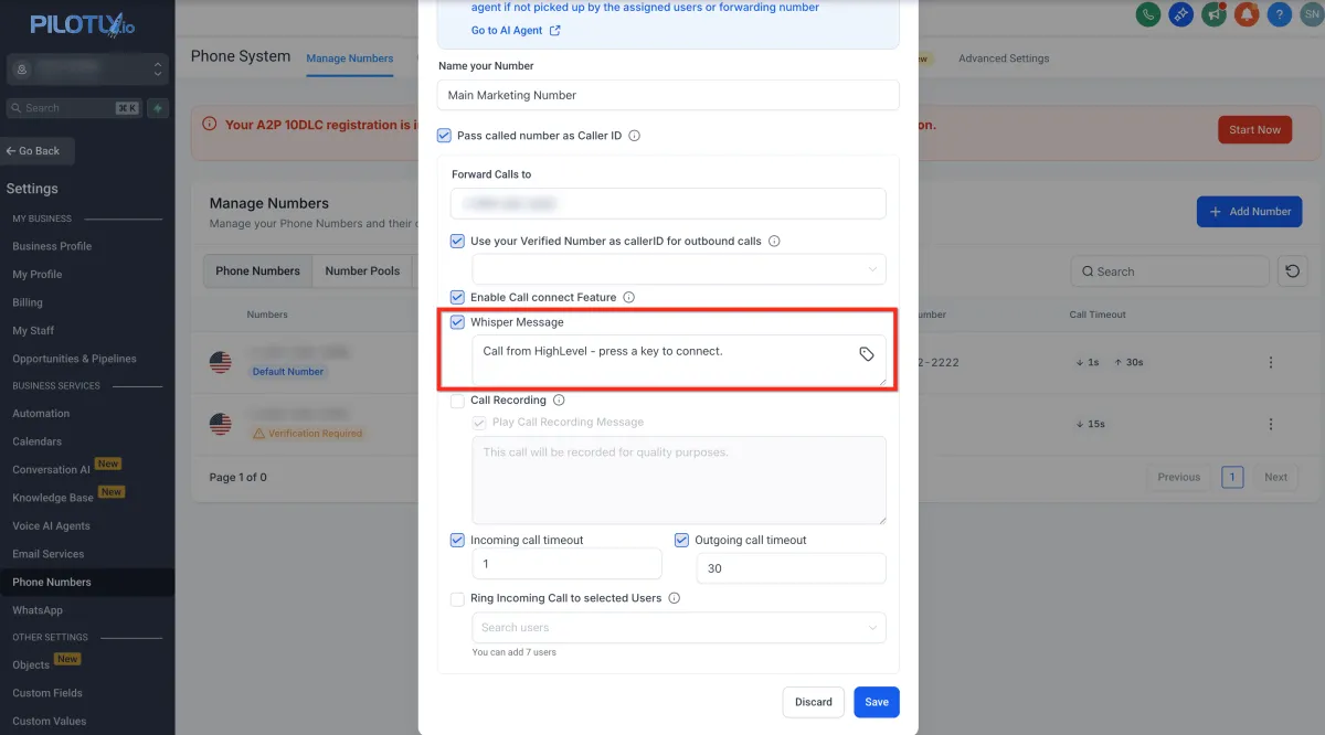 Übersicht der Konfigurationsoptionen für Telefonnummern