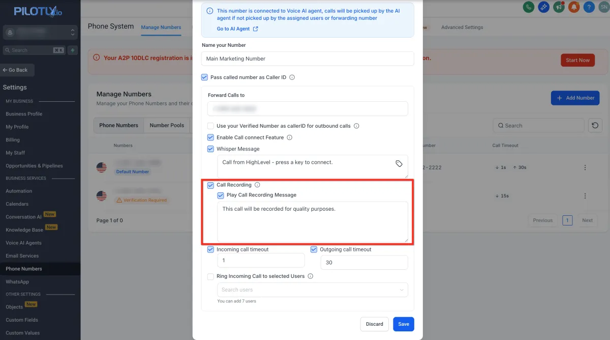 Übersicht der Konfigurationsoptionen für Telefonnummern