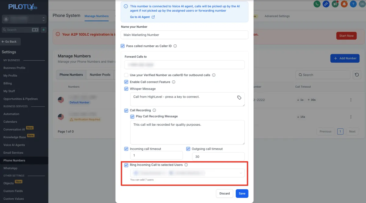 Übersicht der Konfigurationsoptionen für Telefonnummern