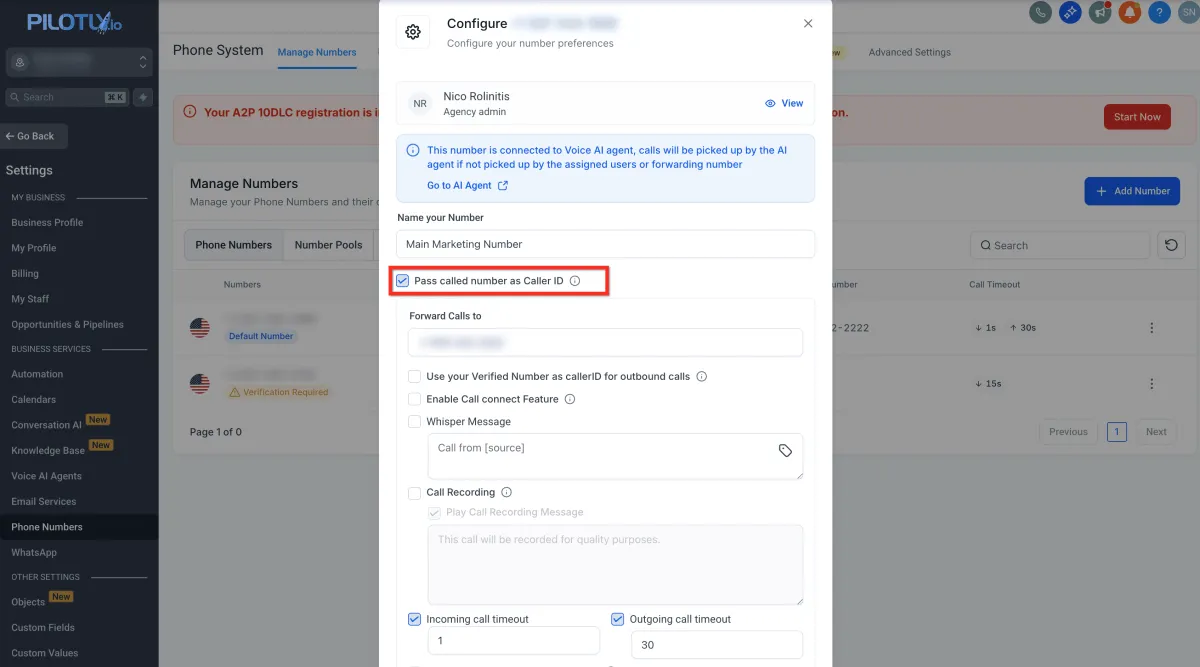 Übersicht der Konfigurationsoptionen für Telefonnummern