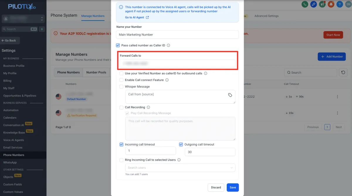 Übersicht der Konfigurationsoptionen für Telefonnummern