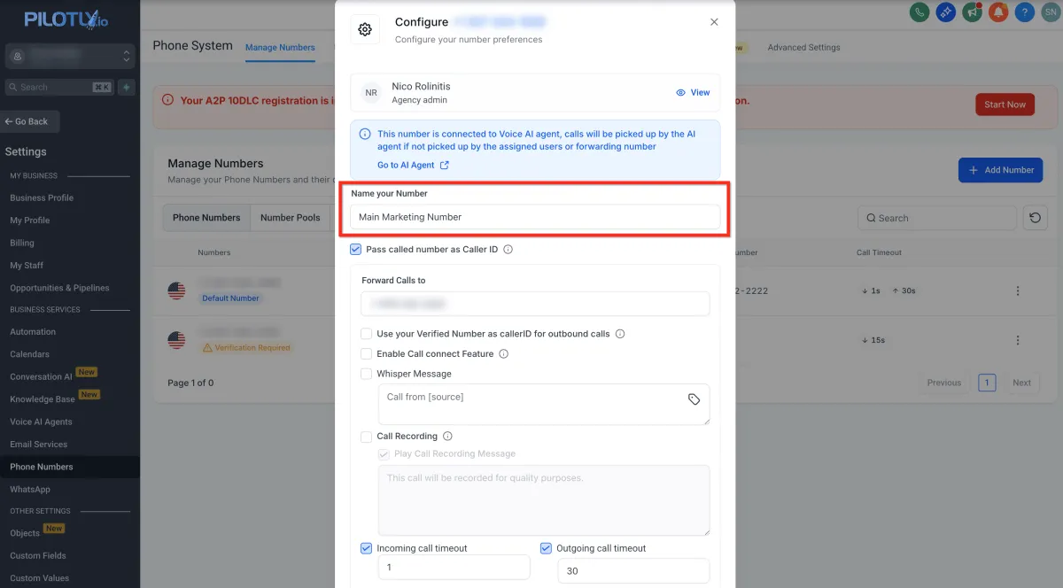 Übersicht der Konfigurationsoptionen für Telefonnummern