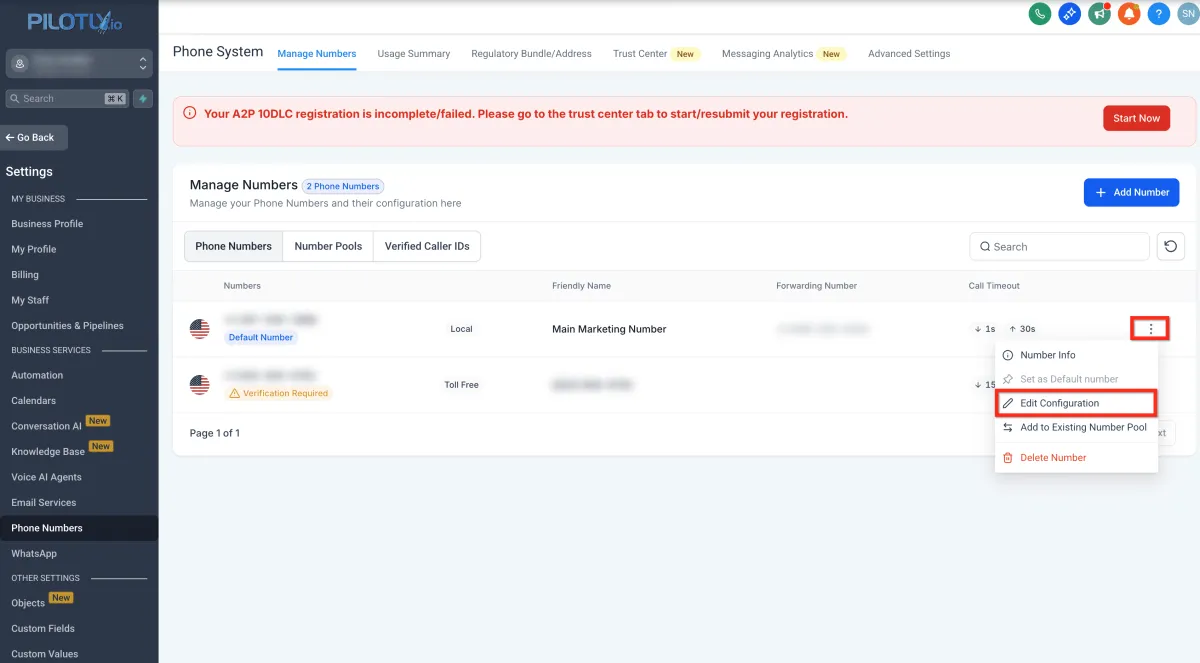 Übersicht der Konfigurationsoptionen für Telefonnummern