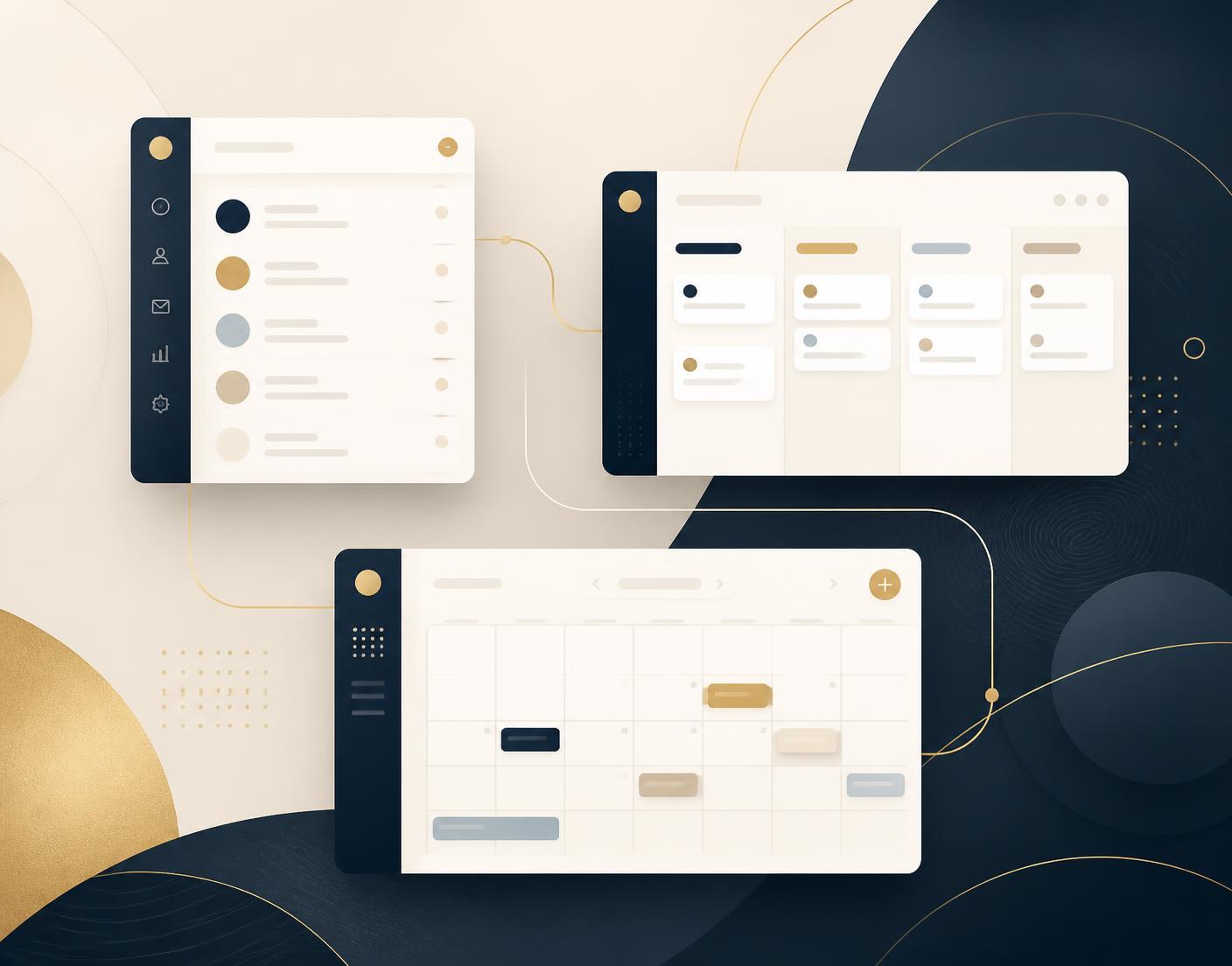 LegaciLink interface concept showing a contact list, opportunity pipeline, and calendar connected together