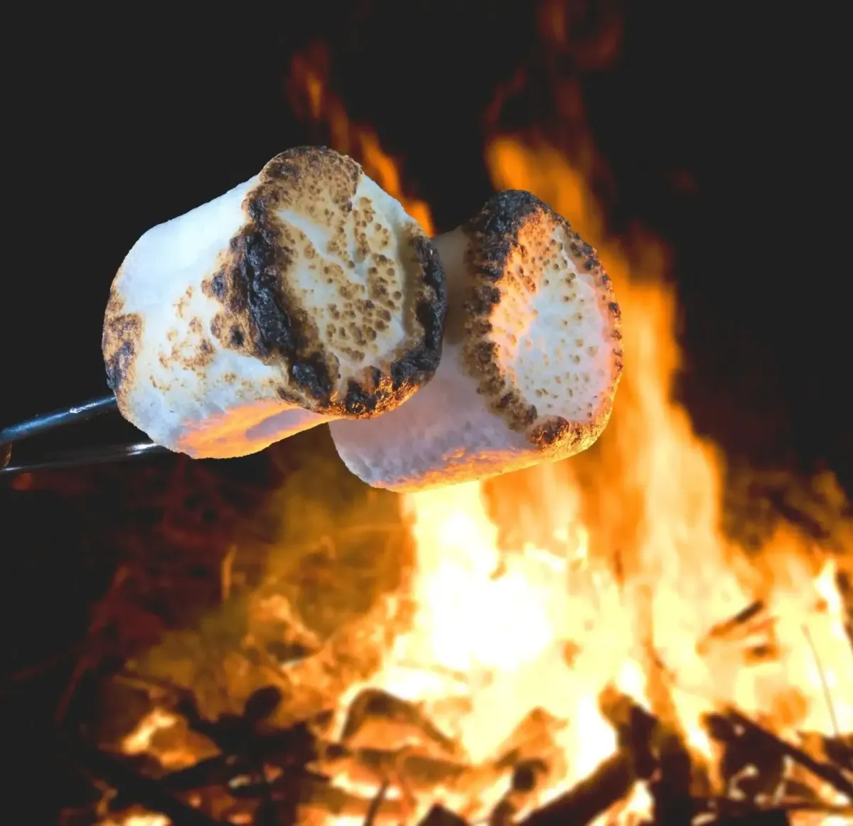 Roasting marshmallows over a glowing campfire during a serene night.