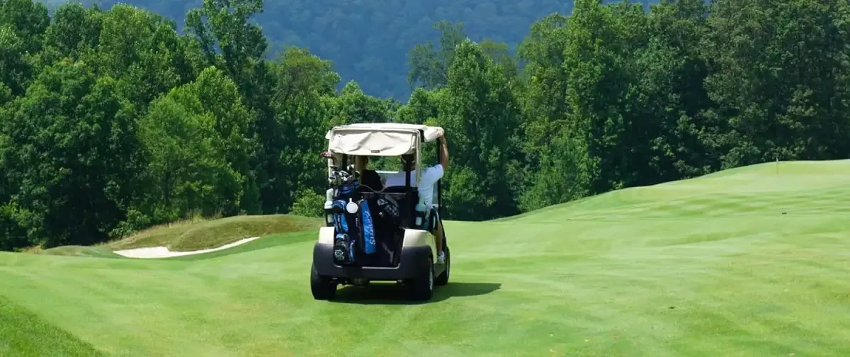 Golf cart on lush green course with scenic forested backdrop.