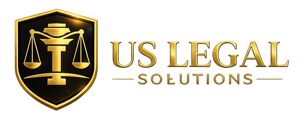 Logotipo de US Legal Solutions, firma de asesoría legal especializada en inmigración, con elementos gráficos en color dorado y negro.